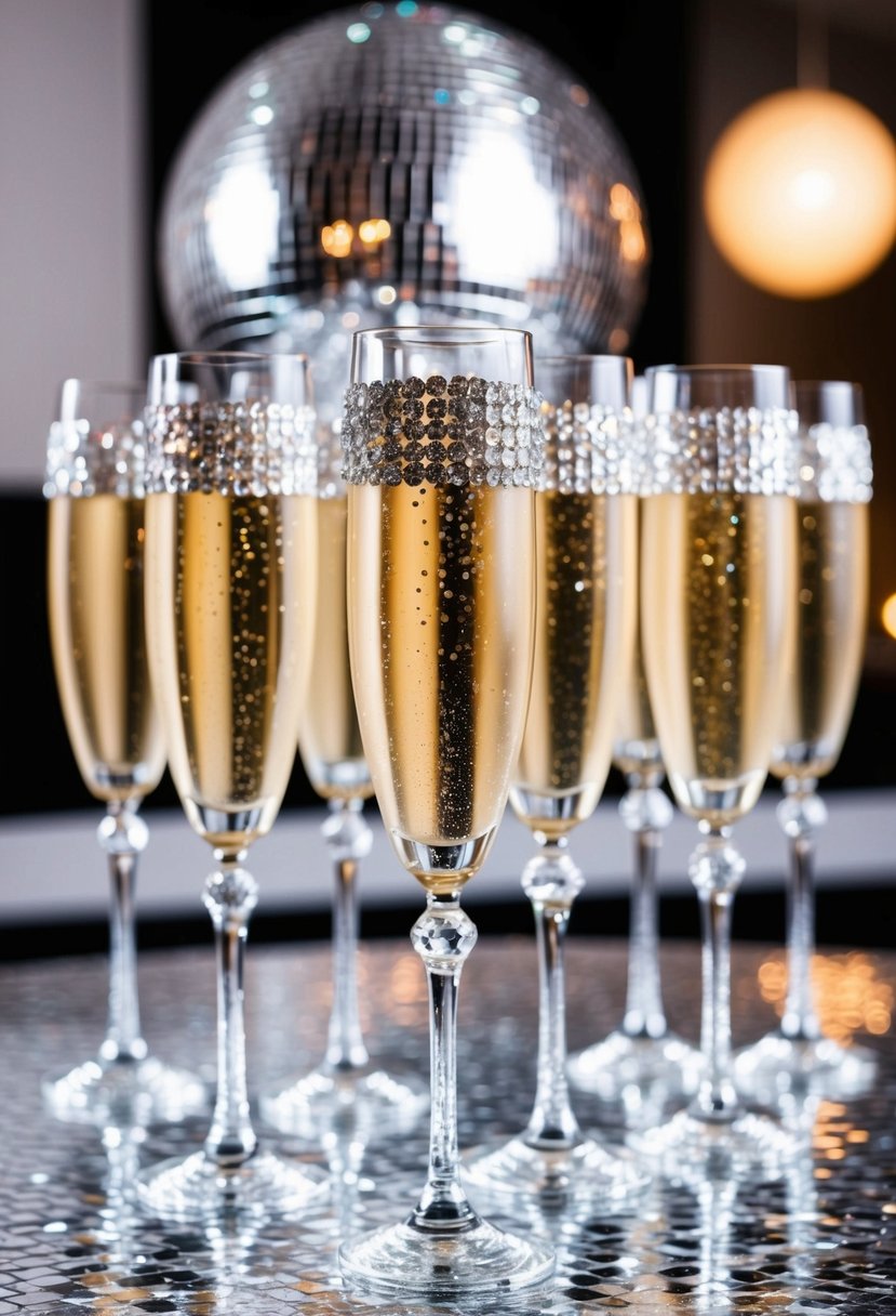 Rhinestone-encrusted champagne flutes arranged on a glittering table with disco ball reflections