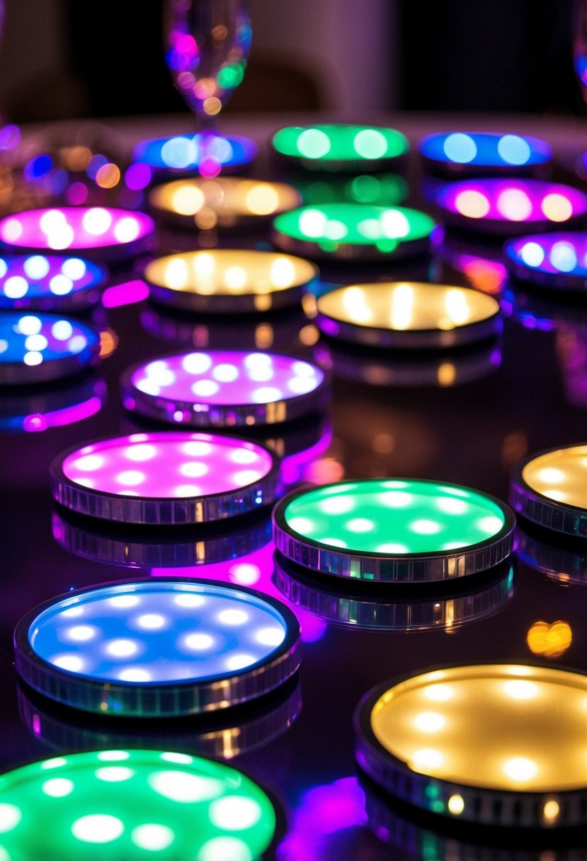 Vibrant LED coasters illuminate a disco-themed wedding table, casting colorful patterns on the reflective surface