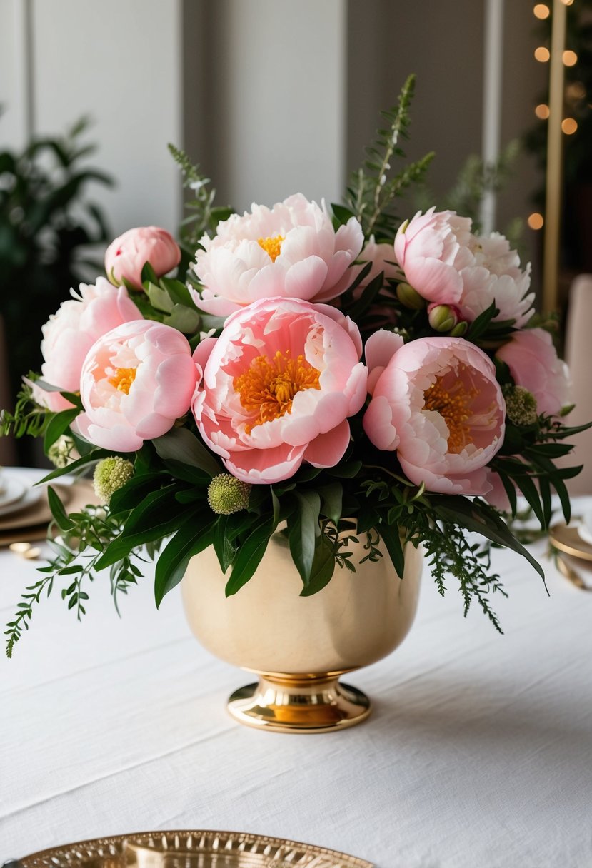 A lush arrangement of coral charm peonies in a gold vase, surrounded by greenery and placed on a white linen tablecloth