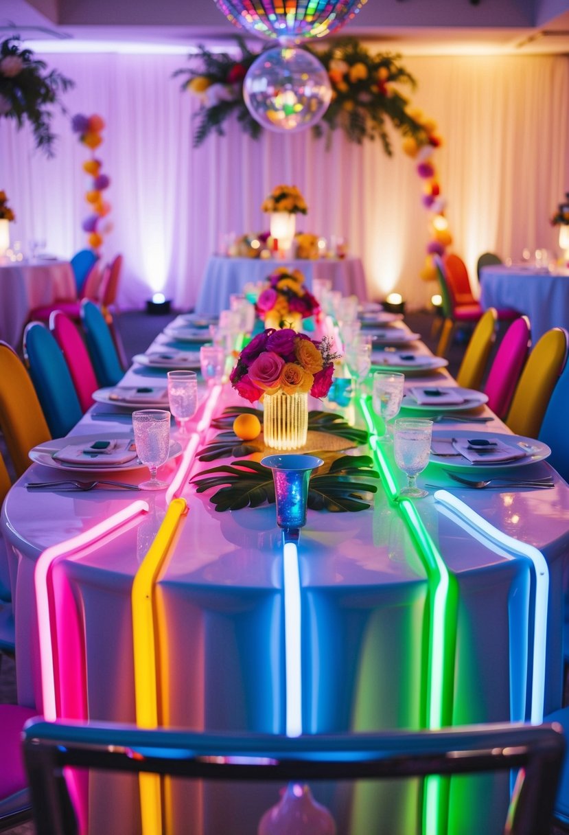 A retro neon table with colorful accents and disco-themed decorations for a wedding reception