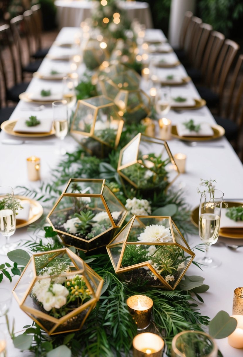 A cluster of golden geometric terrariums arranged as a centrepiece on a wedding table, filled with lush greenery and delicate blooms