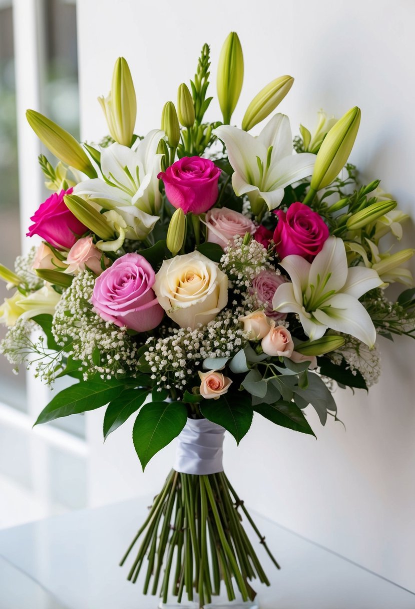 A beautiful bouquet of assorted flowers including roses, lilies, and baby's breath arranged in a cascading style