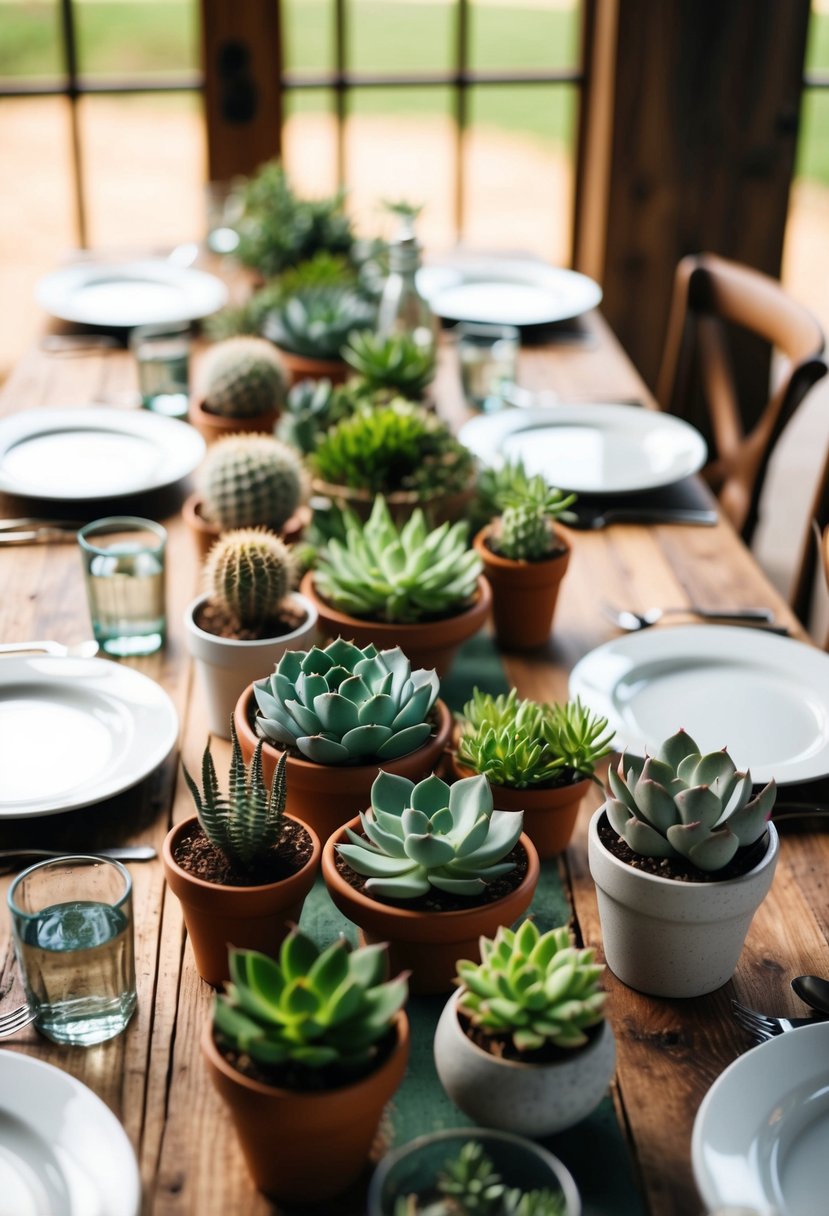 A rustic wooden table adorned with various succulent potted plants in different shapes and sizes, arranged as a stunning centrepiece for a wedding celebration