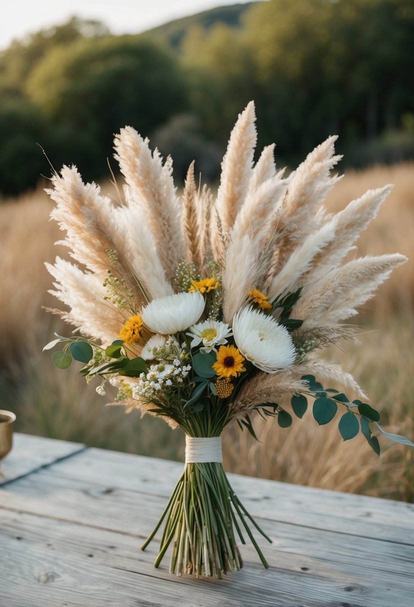 A boho wedding bouquet featuring pampas grass and wildflowers in a rustic, natural setting