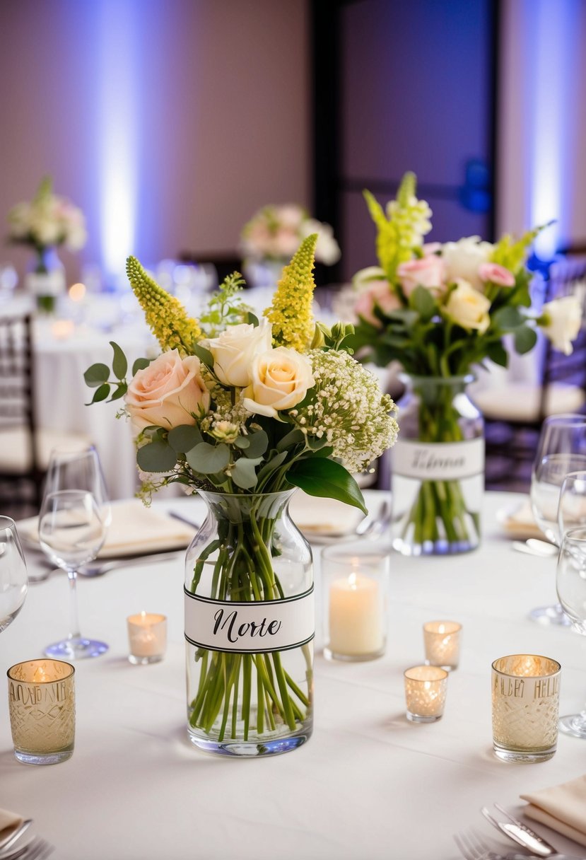 A table set with personalized glass vases filled with fresh flowers, serving as elegant centrepieces for a wedding reception