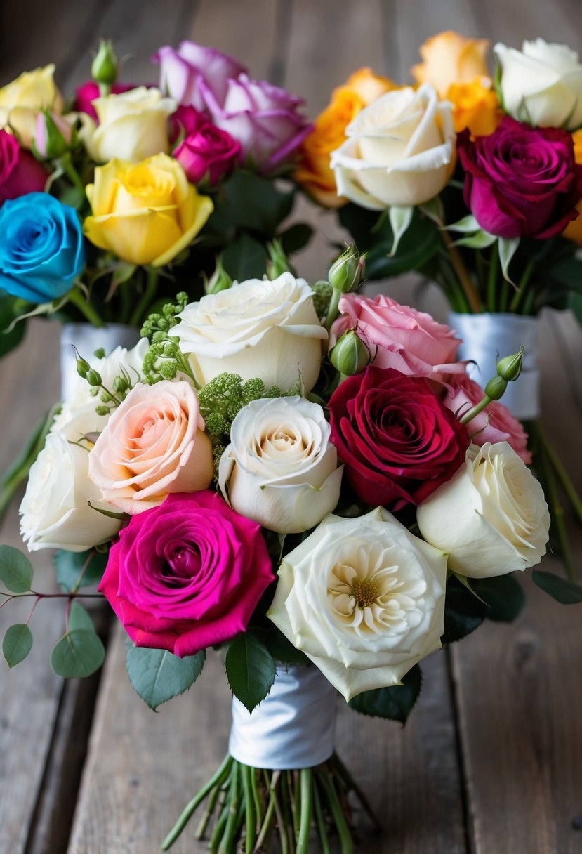 A variety of roses arranged in a wedding bouquet, showcasing different colors and styles