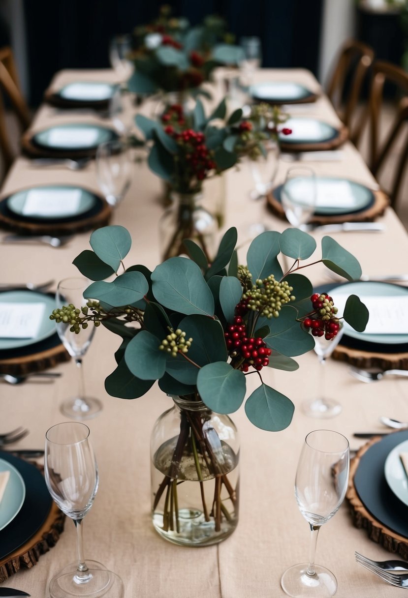 A table adorned with eucalyptus and berry centerpieces, creating a rustic and elegant wedding decor