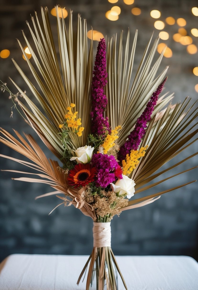 Dried palm leaves intertwined with vibrant flowers for a unique wedding bouquet