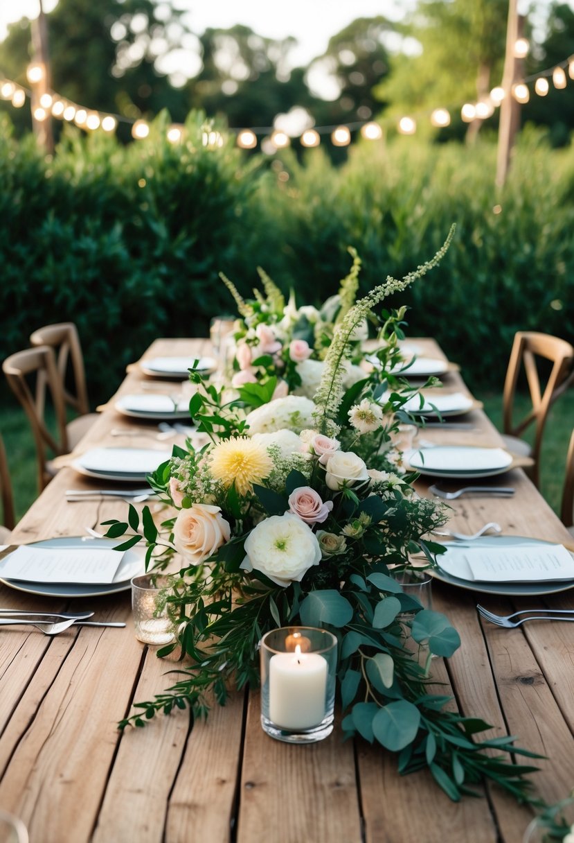 A rustic wooden table adorned with boho floral arrangements and lush greenery as a wedding centerpiece