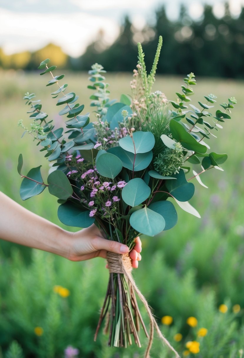 A bouquet of eucalyptus and wildflowers, tied with twine