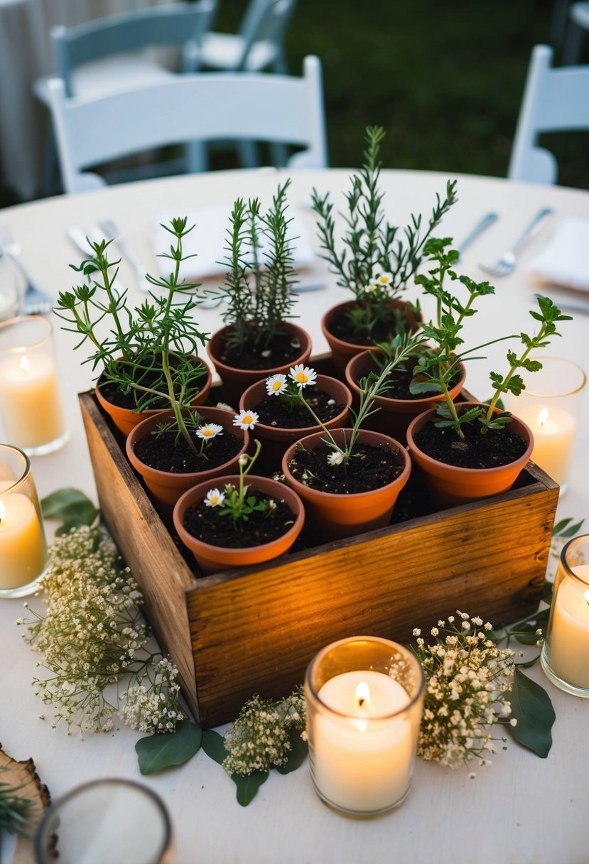 A collection of miniature herb garden pots arranged in a rustic wooden box, surrounded by delicate wildflowers and candles, serves as a charming centrepiece for a wedding table