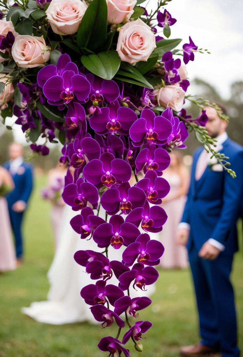 A cascading bouquet of deep purple orchids contrasts with pale pink roses, adding drama to a wedding scene