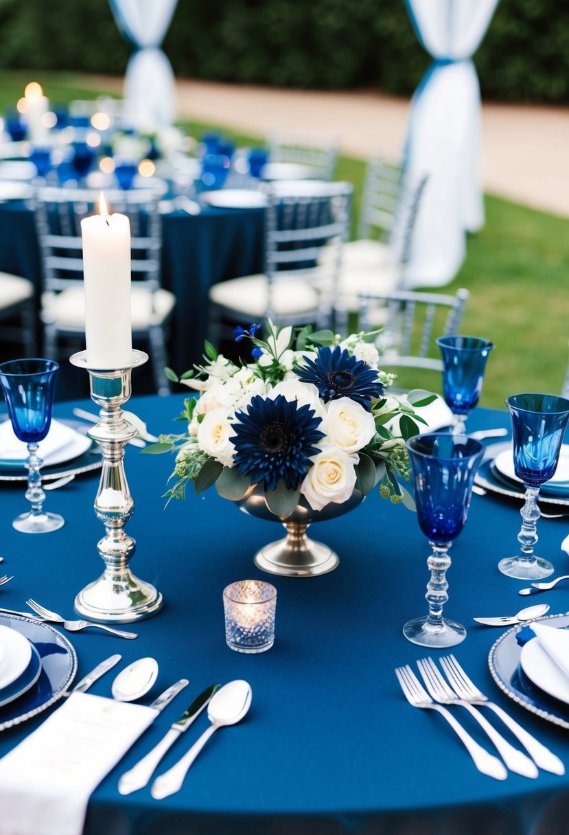 Dark blue tablecloth with silver candle holders, navy blue floral centerpieces, and sparkling blue glassware