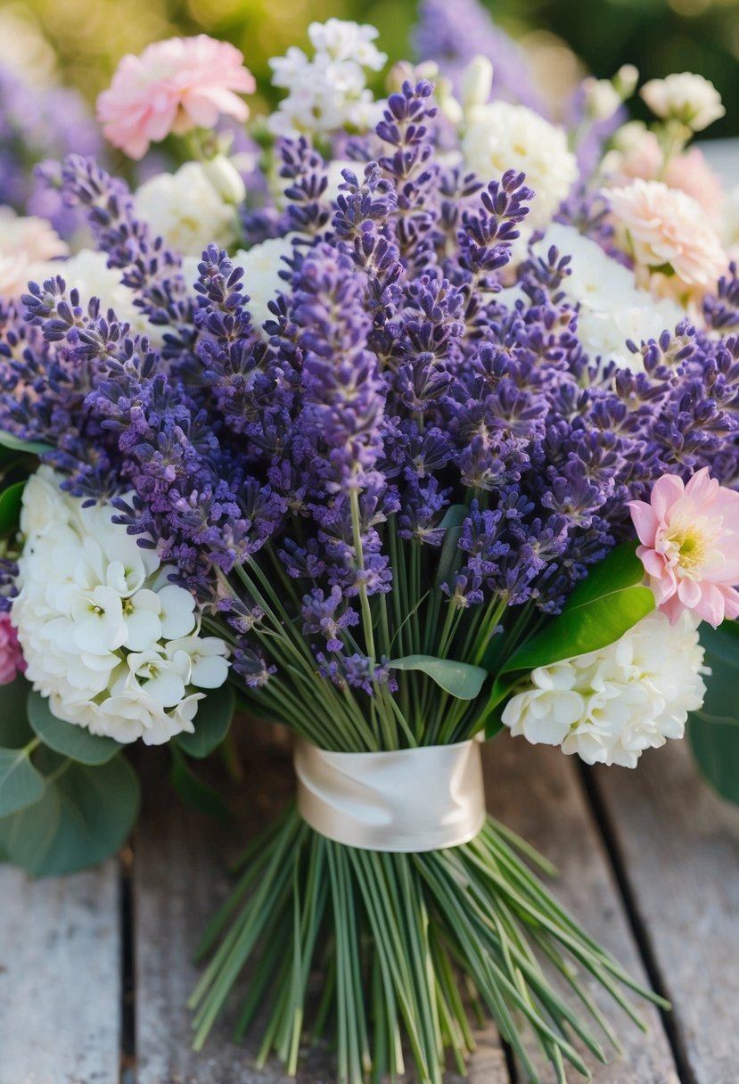 A lush bouquet of lavender, surrounded by delicate white and pink flowers, tied together with a satin ribbon