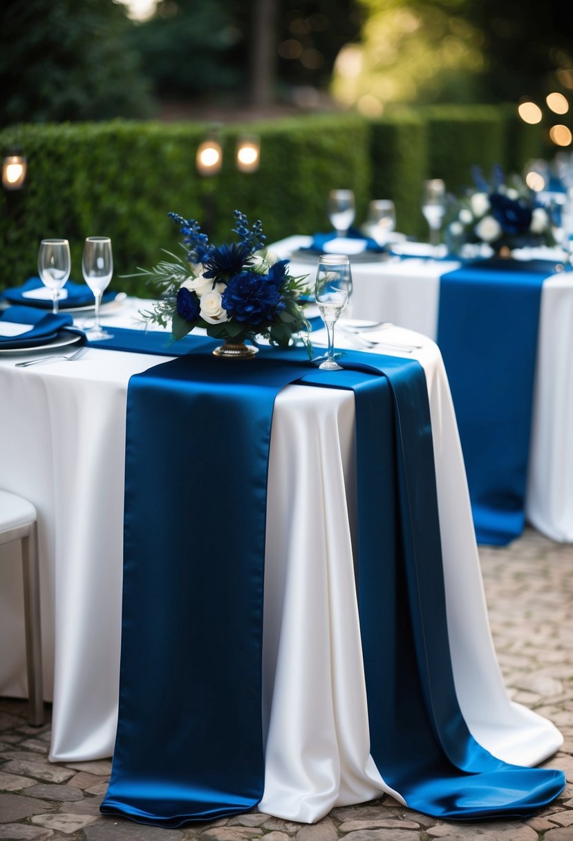 Dark blue satin table runners draped elegantly over a white table, adorned with silver accents and dark blue floral centerpieces