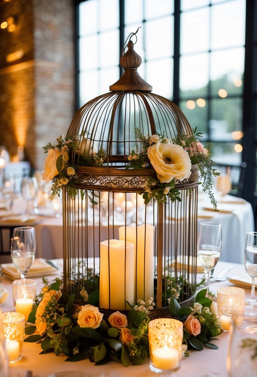 A vintage birdcage adorned with flowers and candles sits as a centerpiece on a beautifully set wedding table