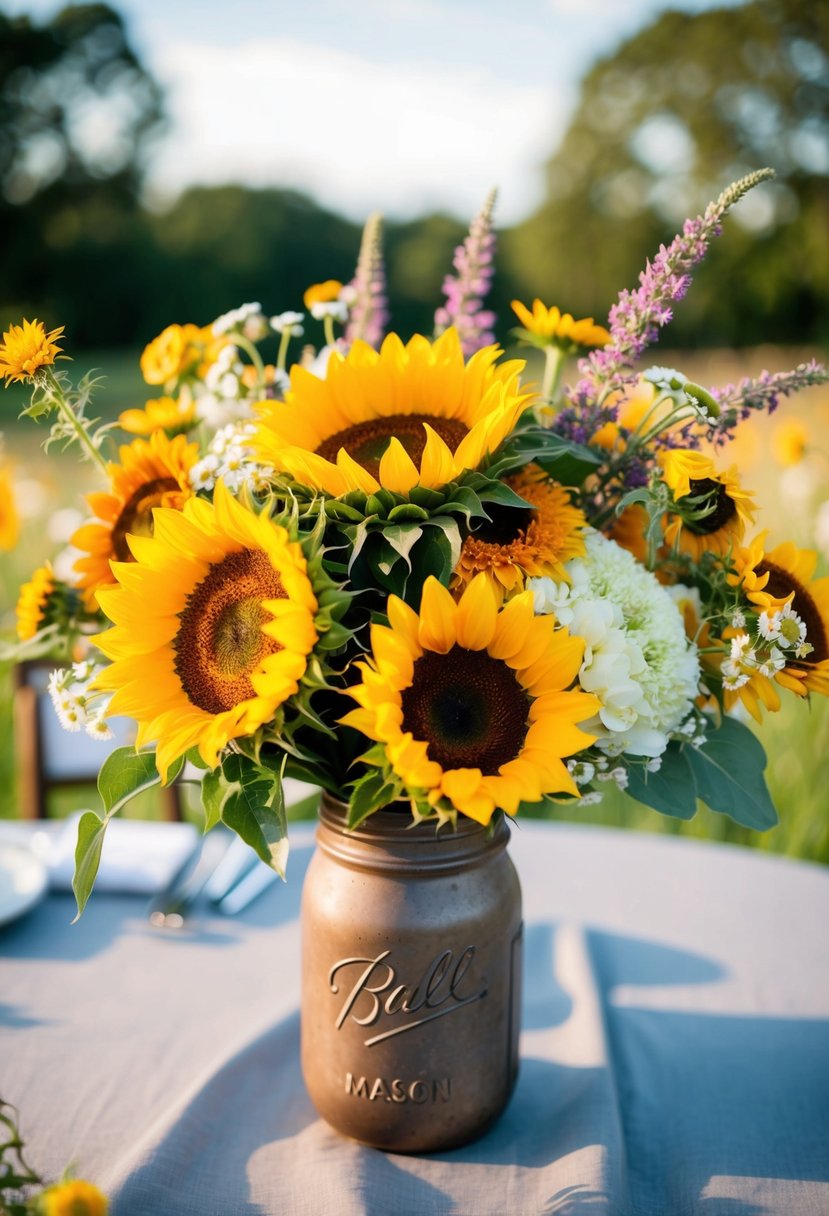 A rustic wedding bouquet featuring vibrant sunflowers and wildflowers in a vintage mason jar vase