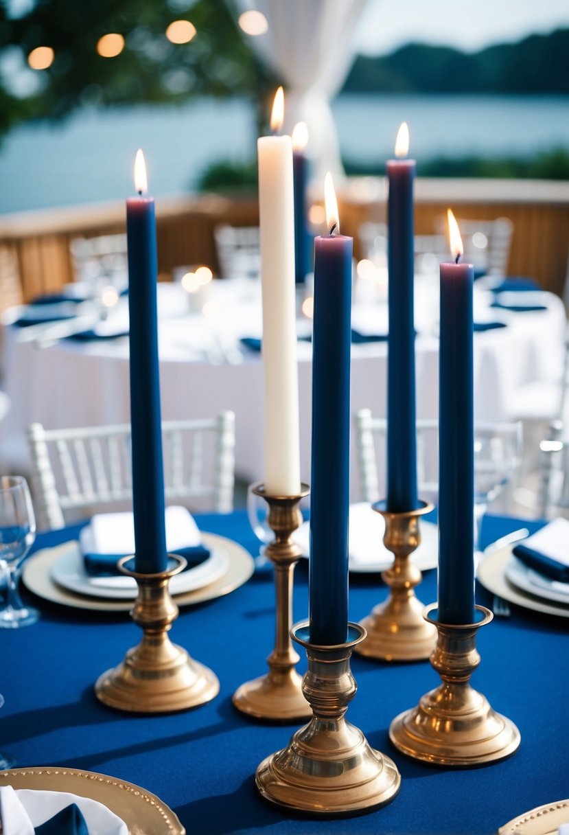 Navy blue candle holders arranged on a dark blue wedding table