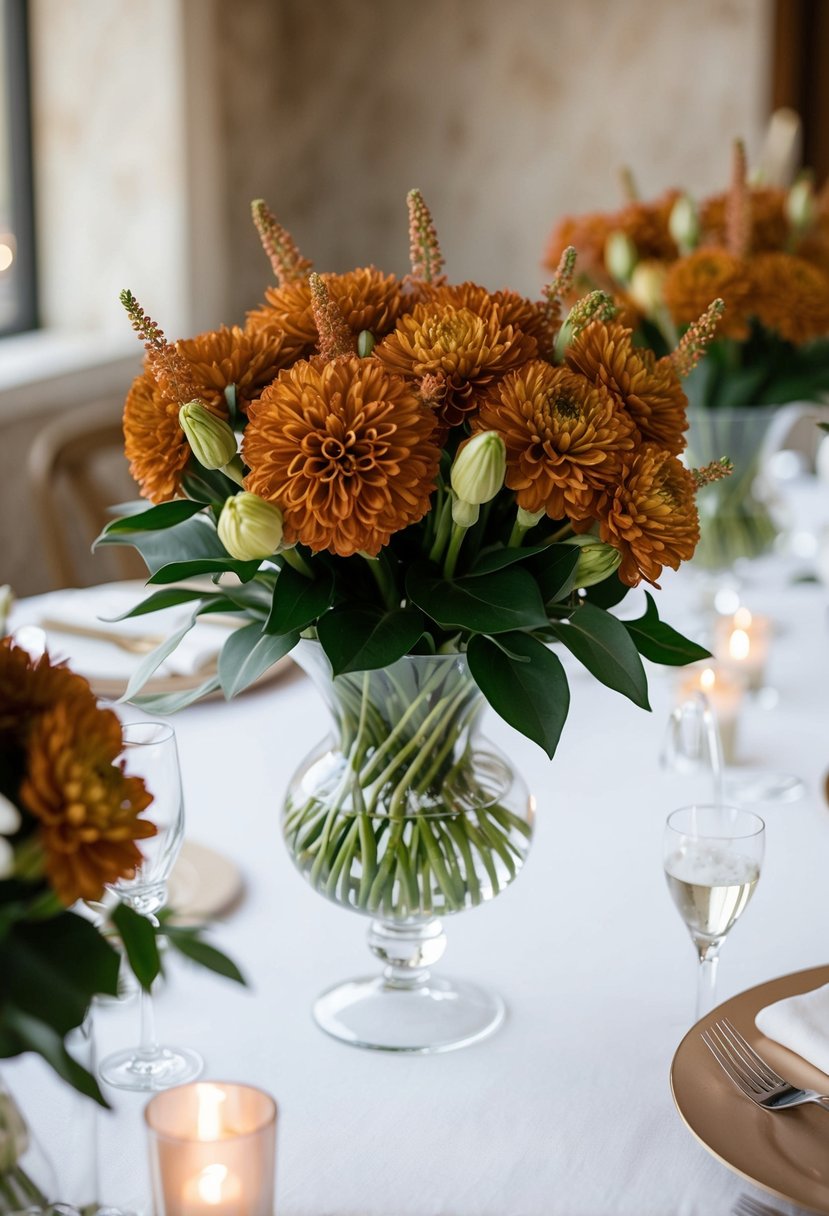 Rust-colored lisianthus bouquets arranged in a centerpiece on a wedding table