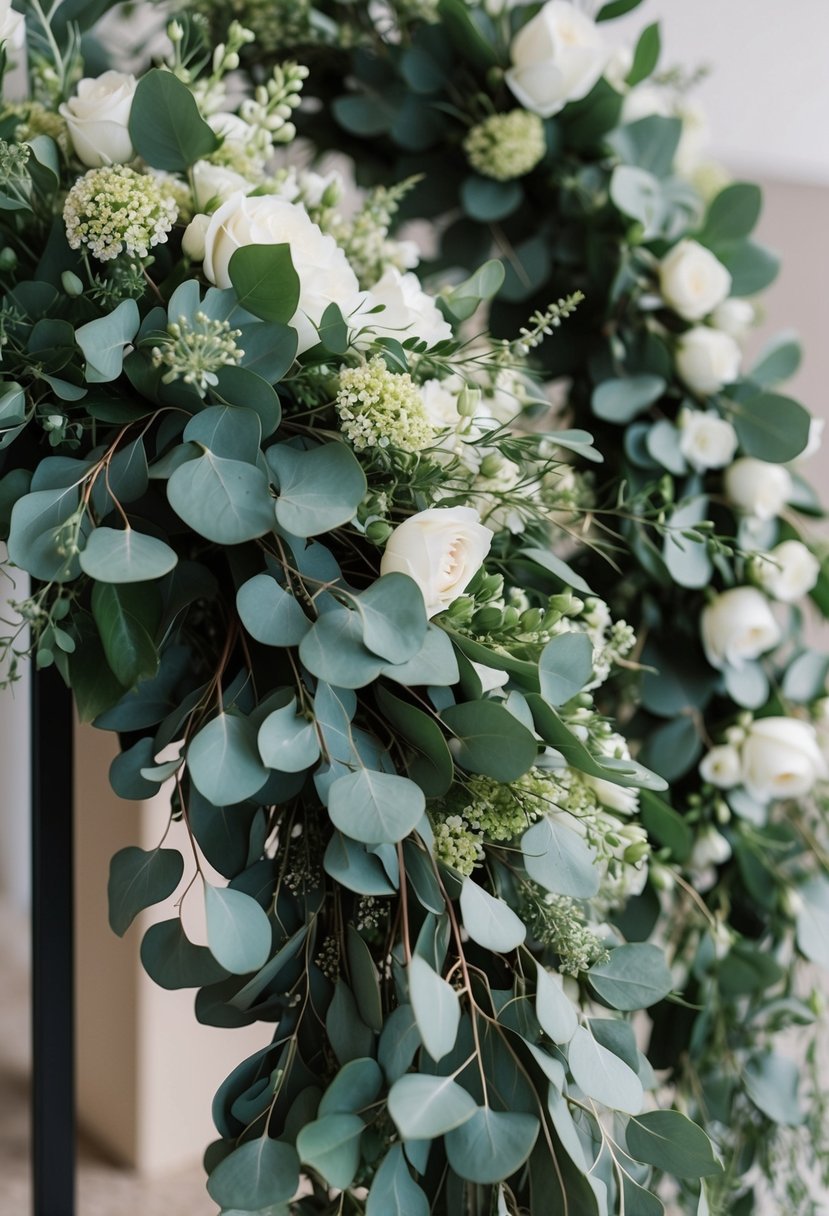 A lush bouquet of eucalyptus and delicate flowers arranged in a cascading design for a wedding