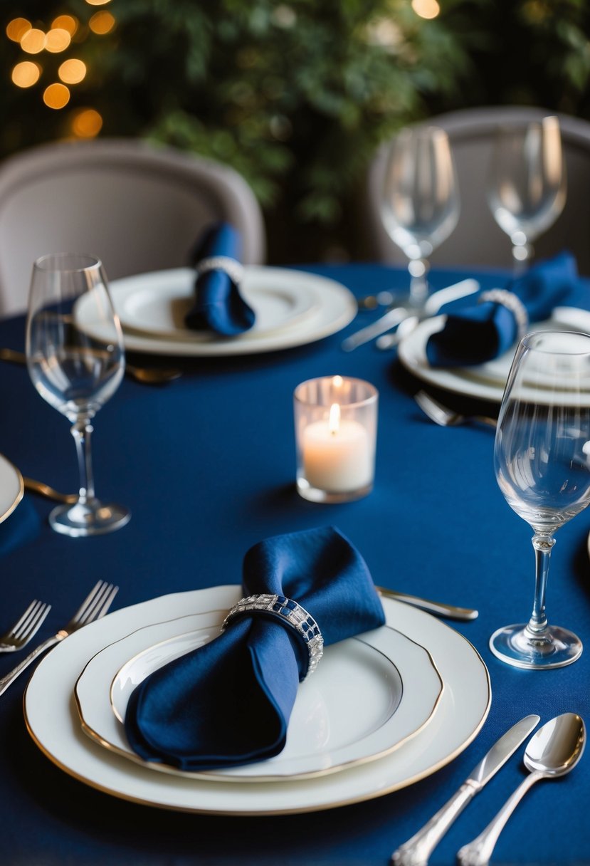 Midnight blue napkin rings encircling elegant place settings on a dark blue wedding table