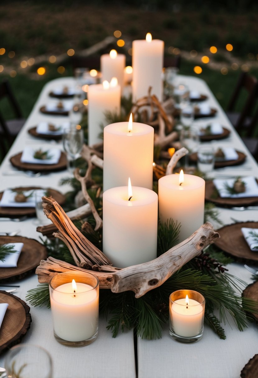 A cluster of driftwood and candle arrangements adorns the rustic wedding table, creating a natural and romantic centerpiece