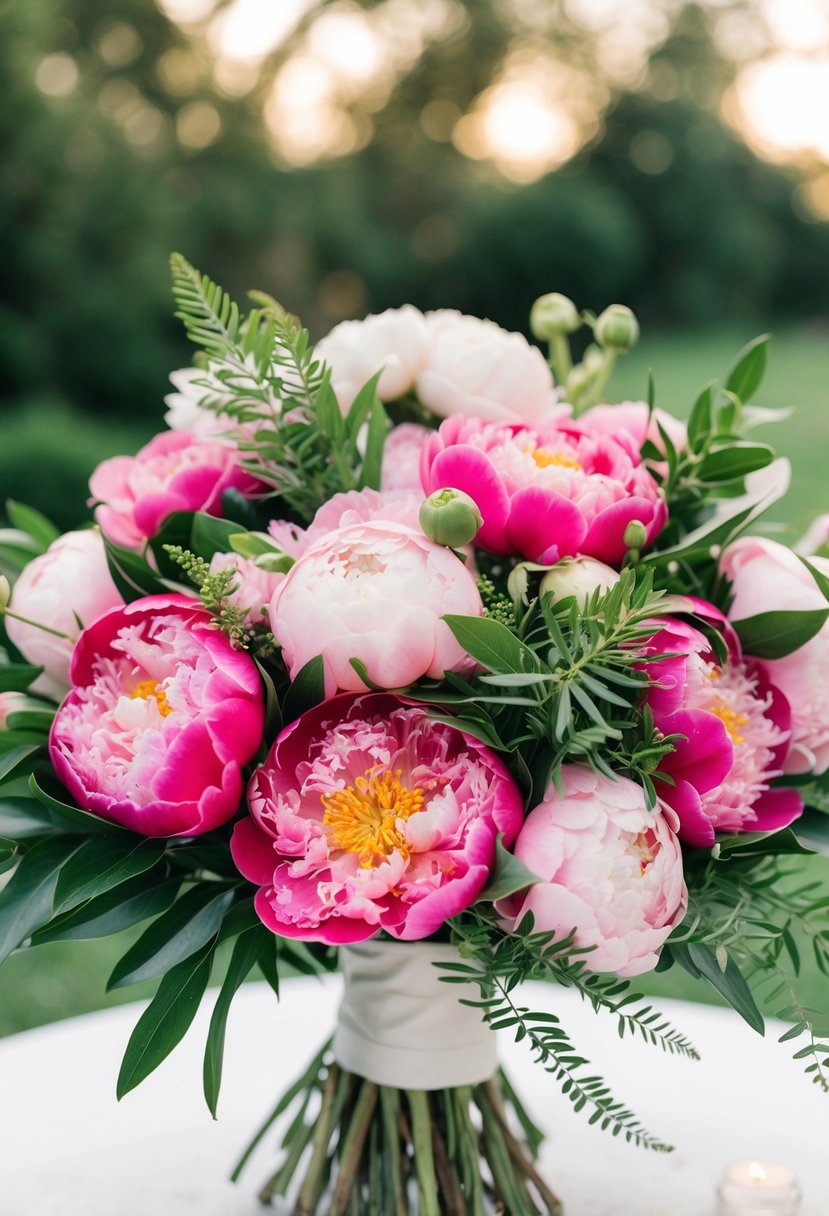 A lush wedding bouquet of pink peonies and greenery