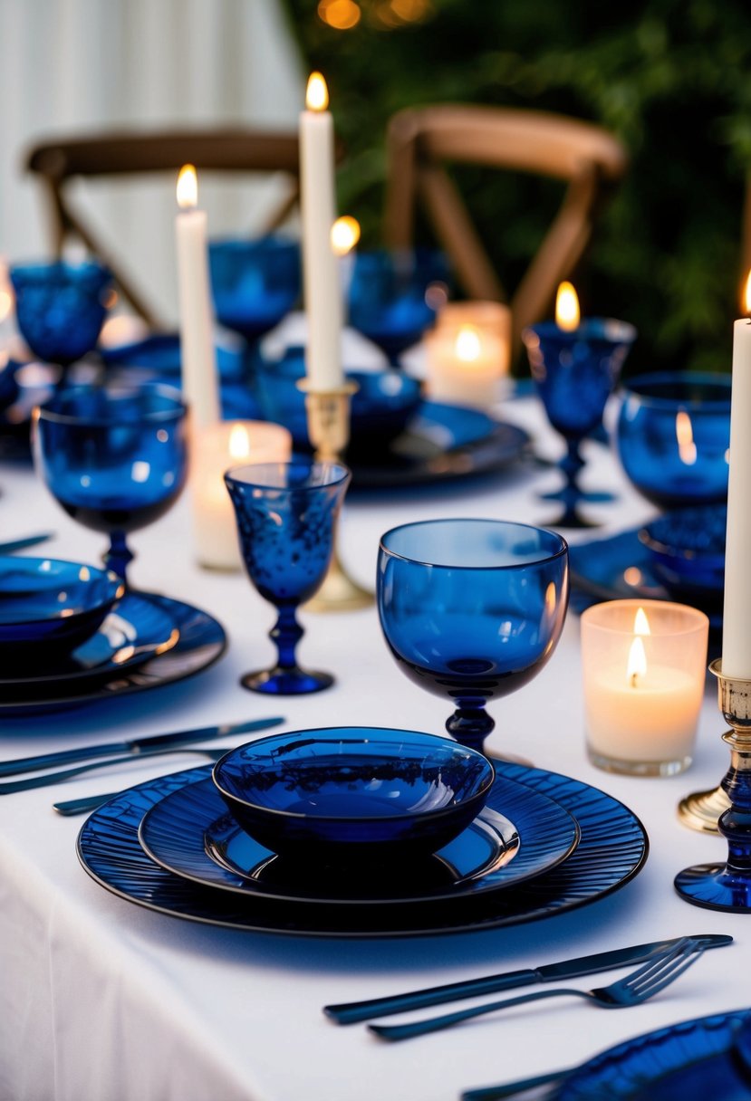 Dark blue indigo glassware arranged on a wedding table, reflecting the soft glow of candlelight