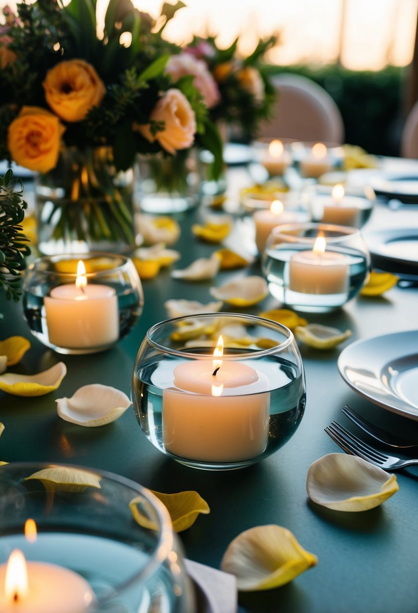 A table set with glass bowls filled with water and floating candles, surrounded by flower petals and greenery