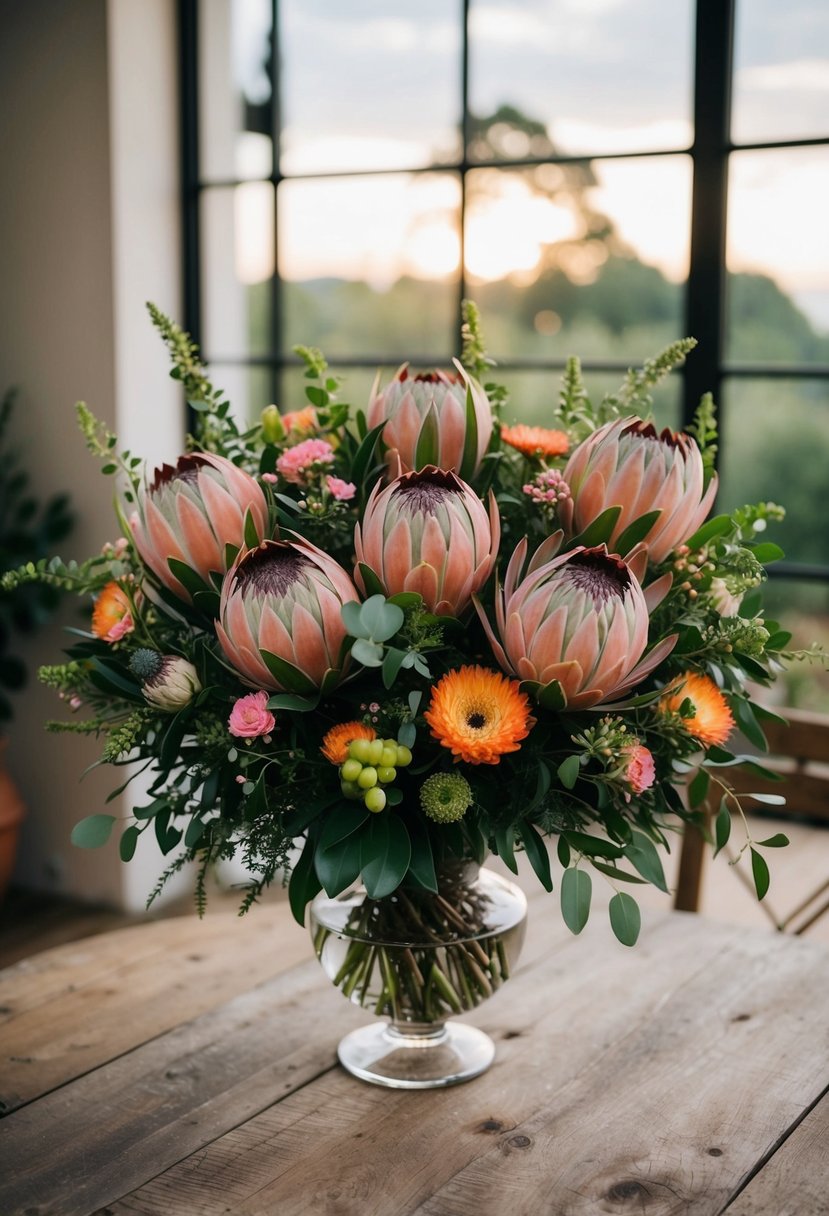 A lush bouquet of sunset-hued proteas, surrounded by greenery and smaller complementary flowers, sits in a glass vase on a rustic wooden table