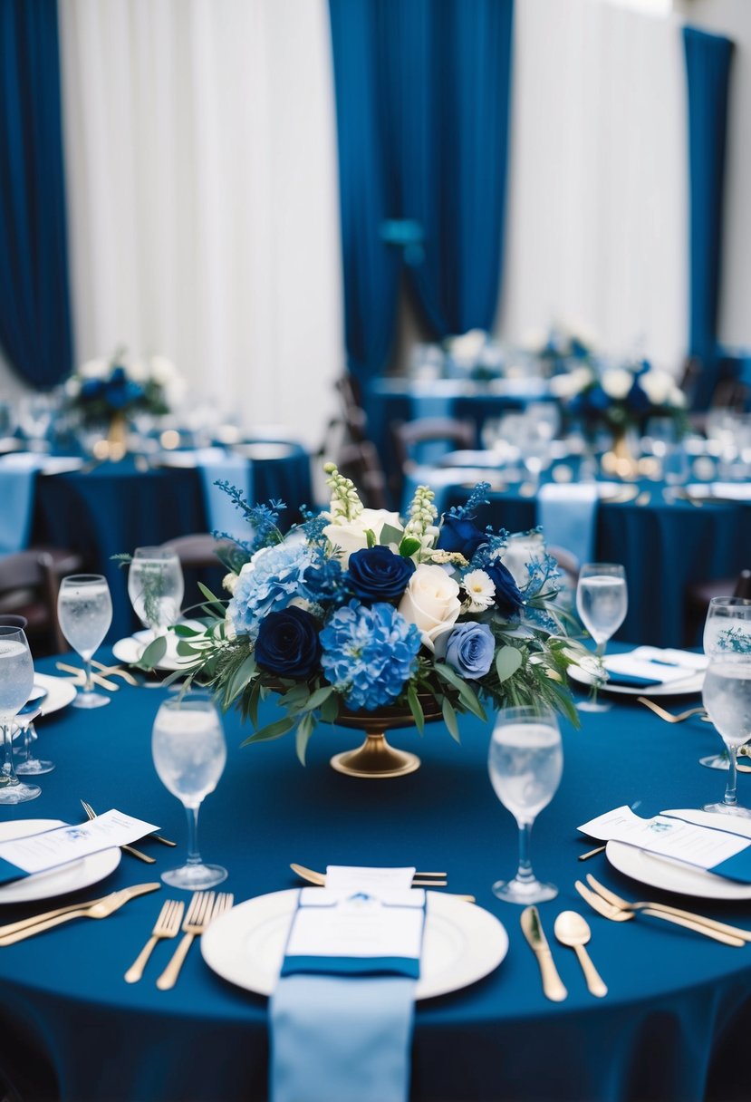 A dark blue-themed wedding table adorned with elegant floral centerpieces in shades of blue, creating a serene and sophisticated atmosphere