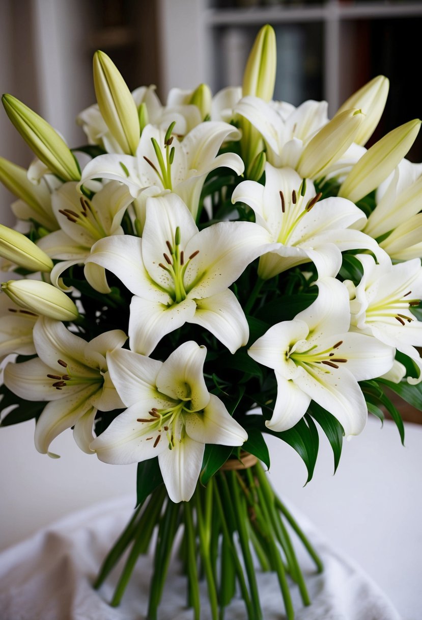 A bouquet of white lilies arranged in a classic style