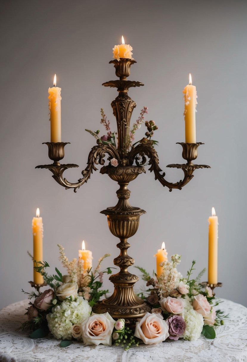 An ornate antique candelabra sits atop a lace tablecloth, surrounded by delicate floral arrangements and flickering candles