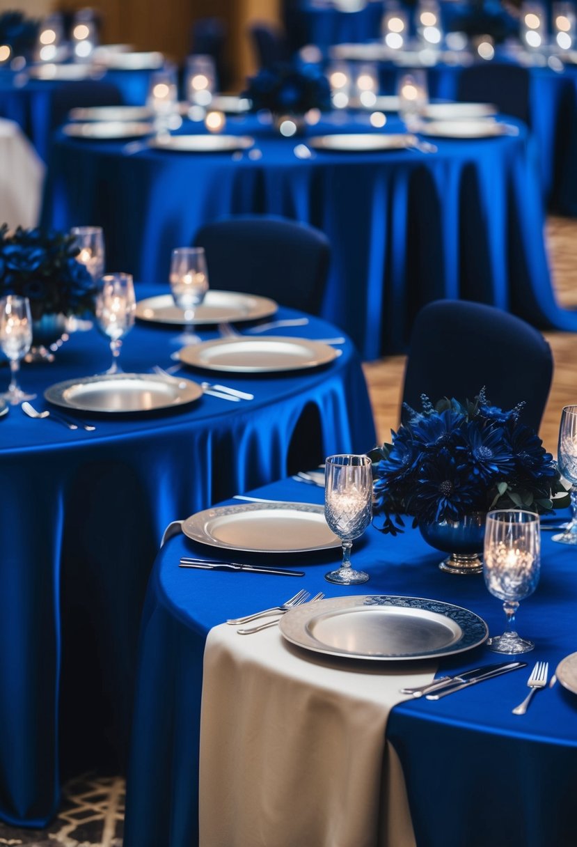 Royal blue silk tablecloths drape elegantly over the banquet tables, adorned with dark blue floral centerpieces and glistening silver candle holders