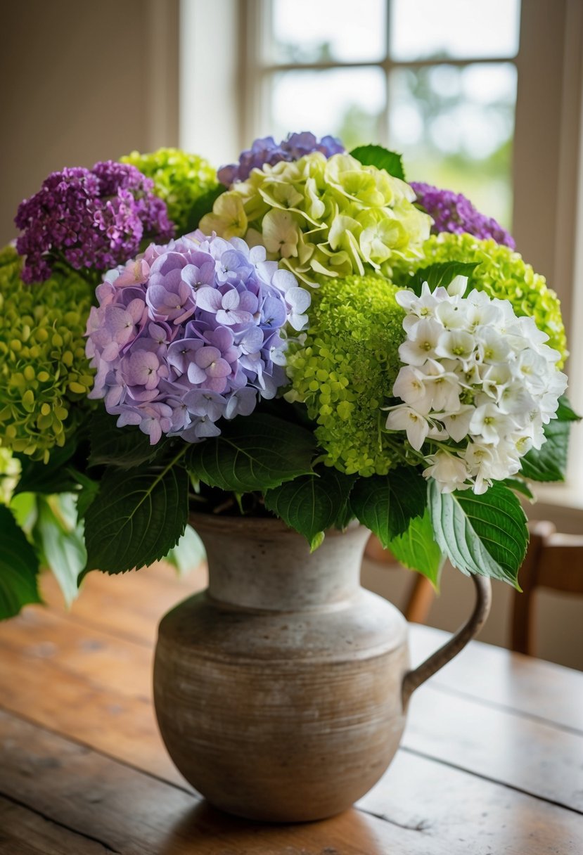 A lush bouquet of hydrangeas, mixed with other flowers, displayed in a rustic vase on a wooden table