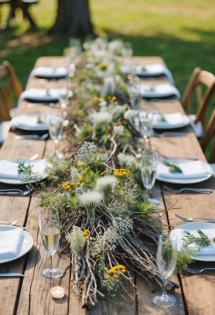 A rustic wooden table adorned with clusters of twigs and wildflowers, creating a natural and elegant centrepiece for a wedding celebration