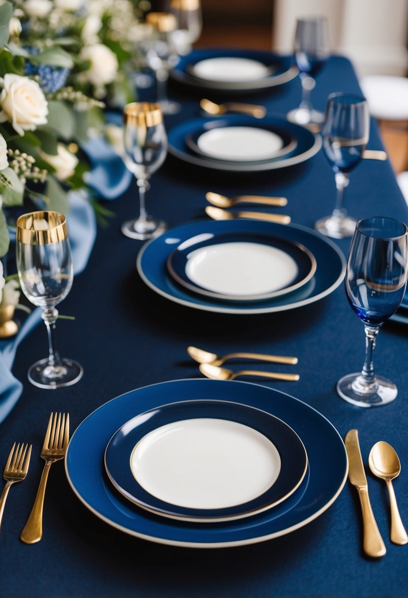 Navy blue ceramic plates arranged on a dark blue wedding table, with elegant decorations