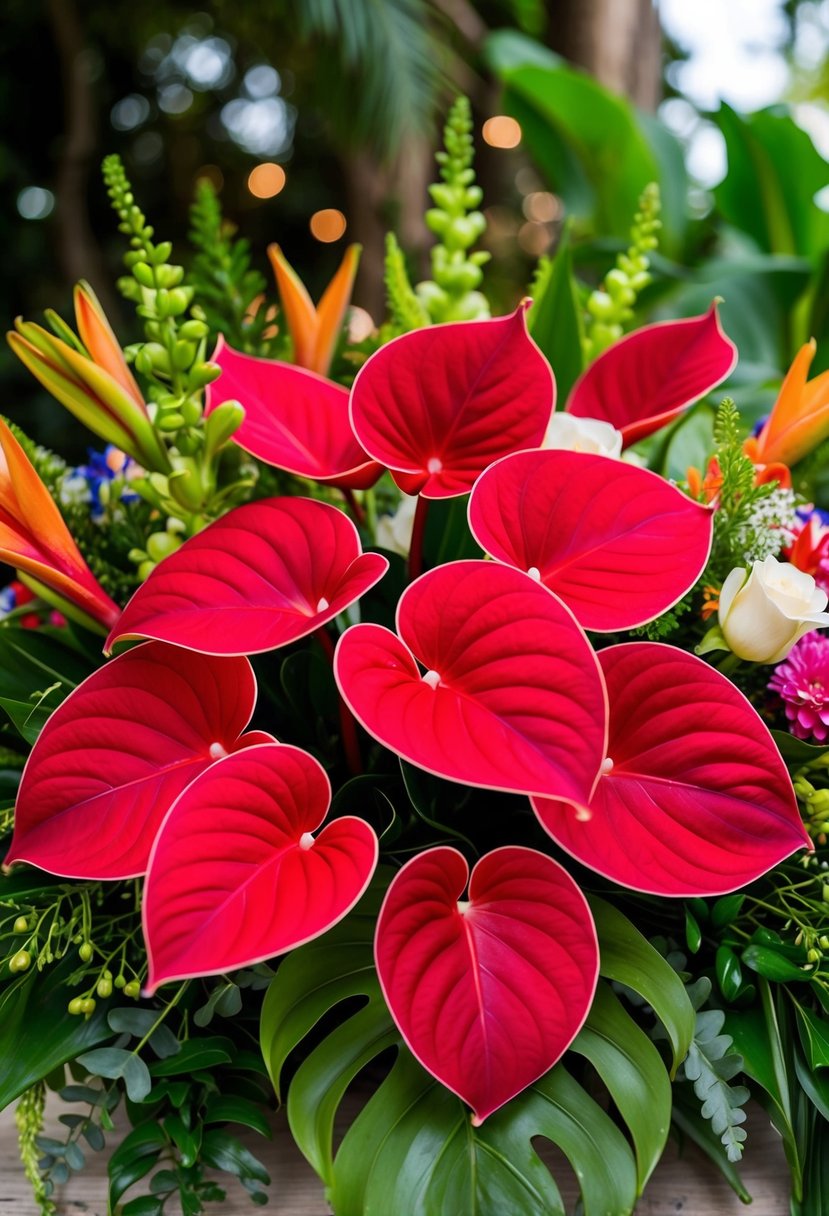 Vibrant red anthuriums arranged in a wedding bouquet, surrounded by lush greenery and other colorful blooms