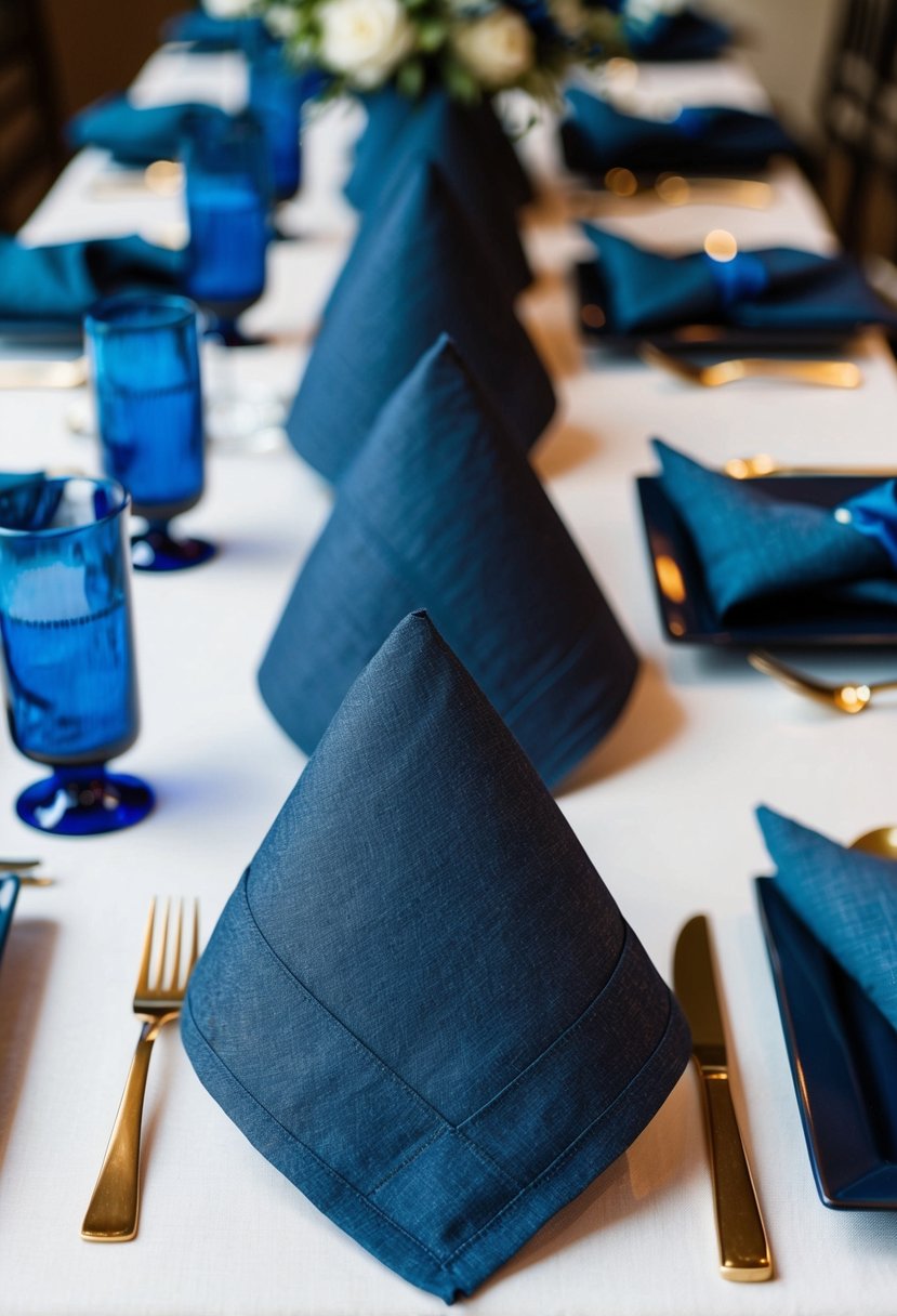 Dark denim linen napkins neatly folded on a table, adorned with deep blue accents for a wedding celebration