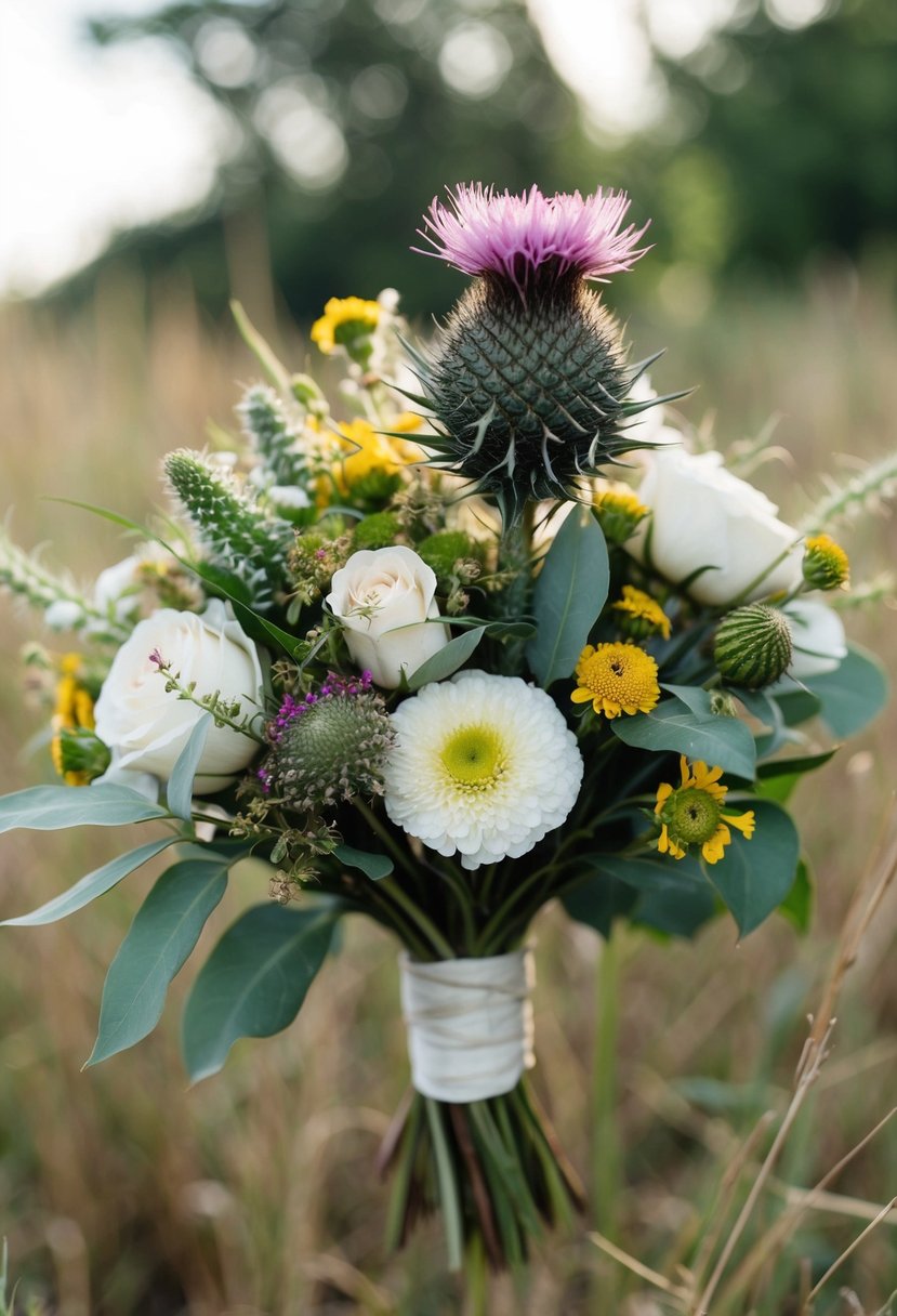 A rustic wedding bouquet with a mix of wildflowers and a single thistle for a unique touch