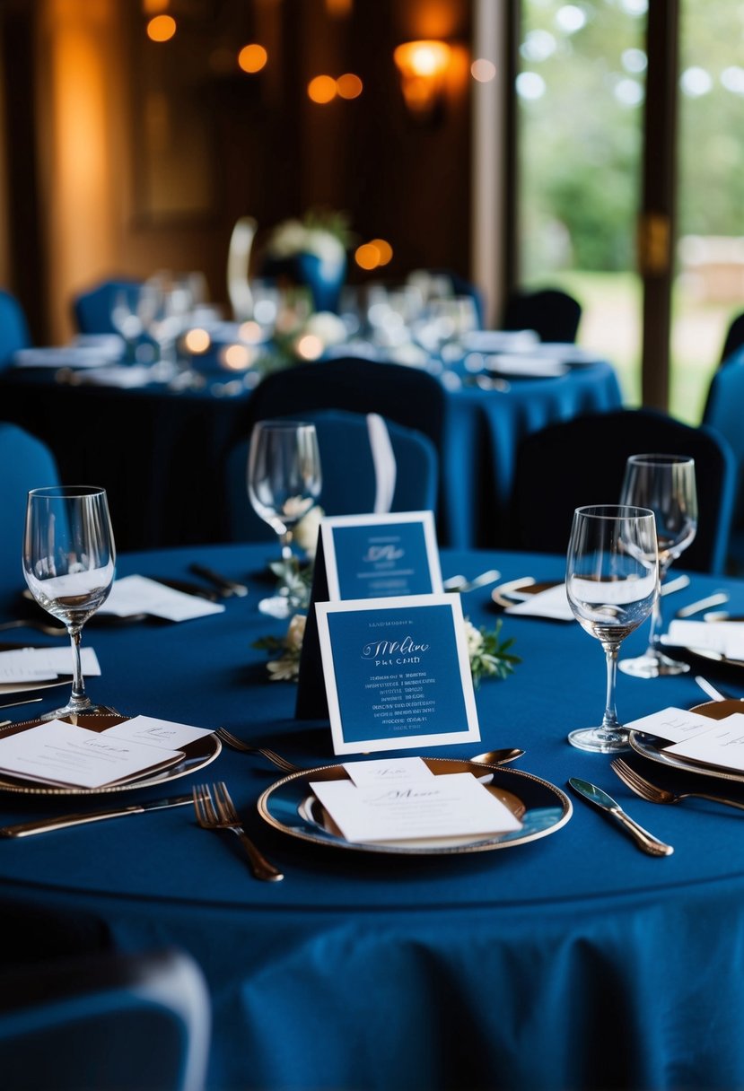 Midnight blue place cards arranged on a dark blue wedding table with elegant decorations