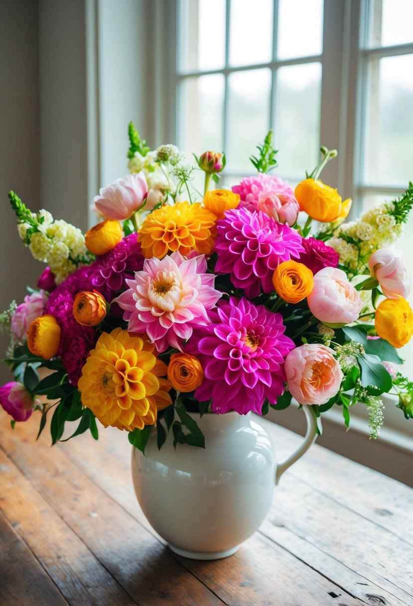 A vibrant bouquet of dahlias, peonies, and roses arranged in a white vase on a rustic wooden table, with soft natural light streaming through a nearby window