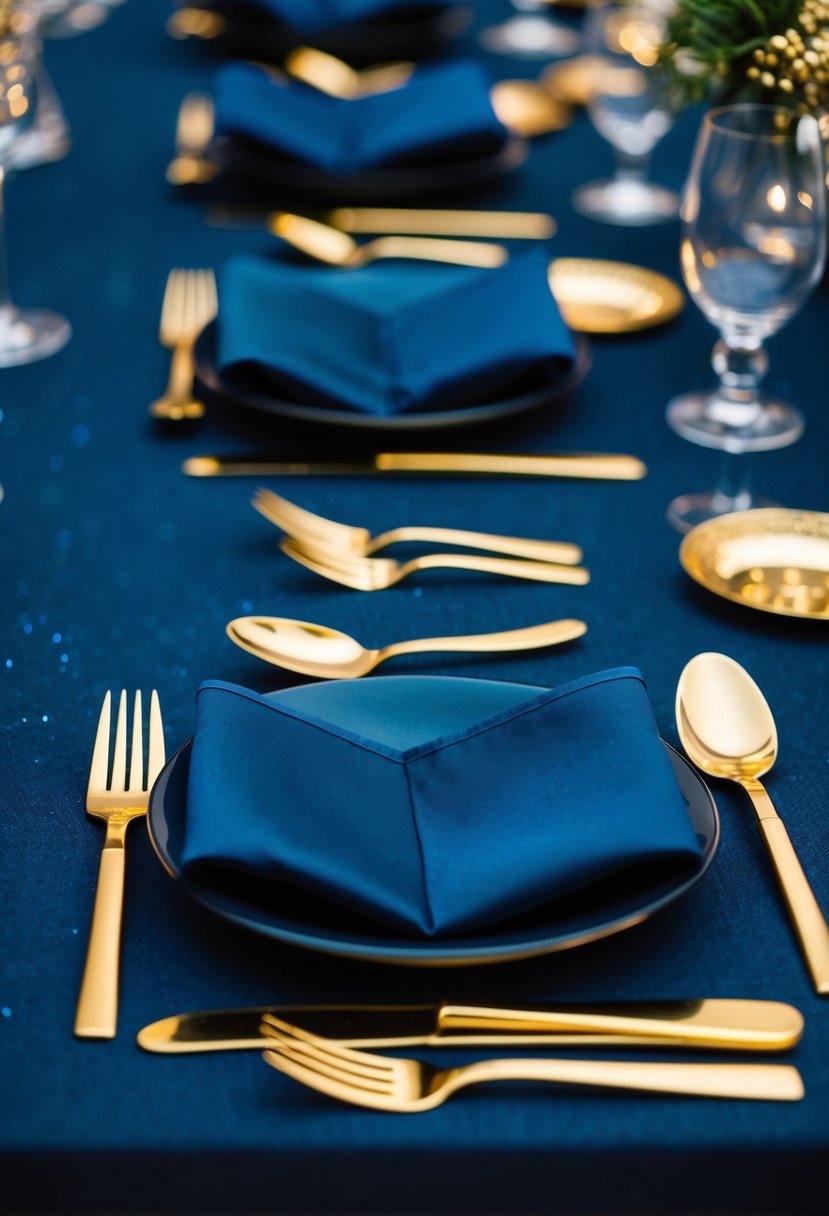 Golden cutlery and indigo napkins arranged on a dark blue tablecloth, with shimmering gold accents