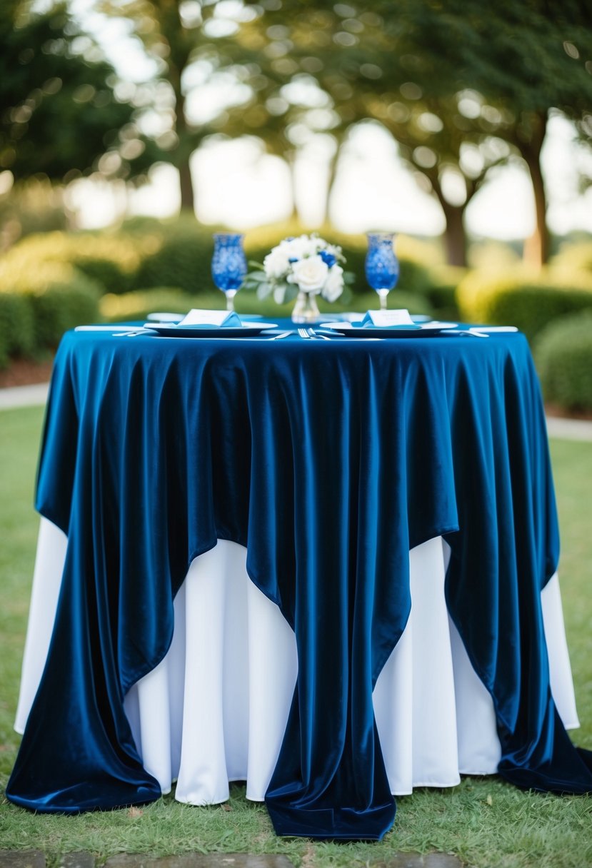 A dark blue velvet table cover drapes over a wedding table, adorned with matching blue decorations