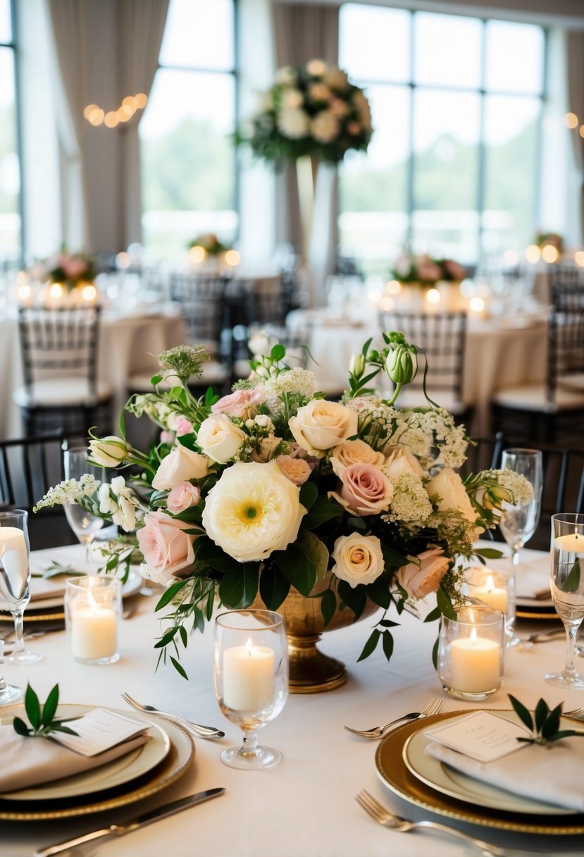 A beautifully adorned wedding table with floral centerpieces, elegant place settings, and soft candlelight