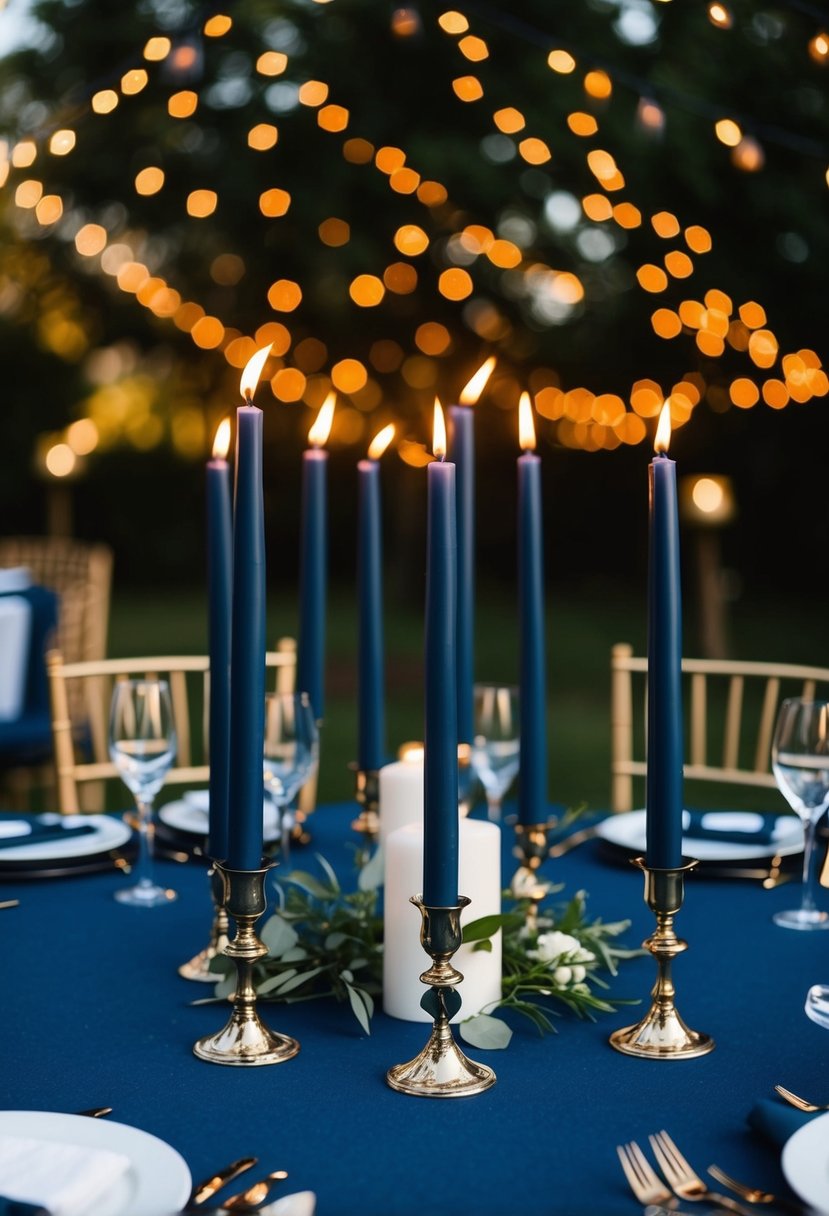 A dark blue wedding table adorned with navy blue tapered candles