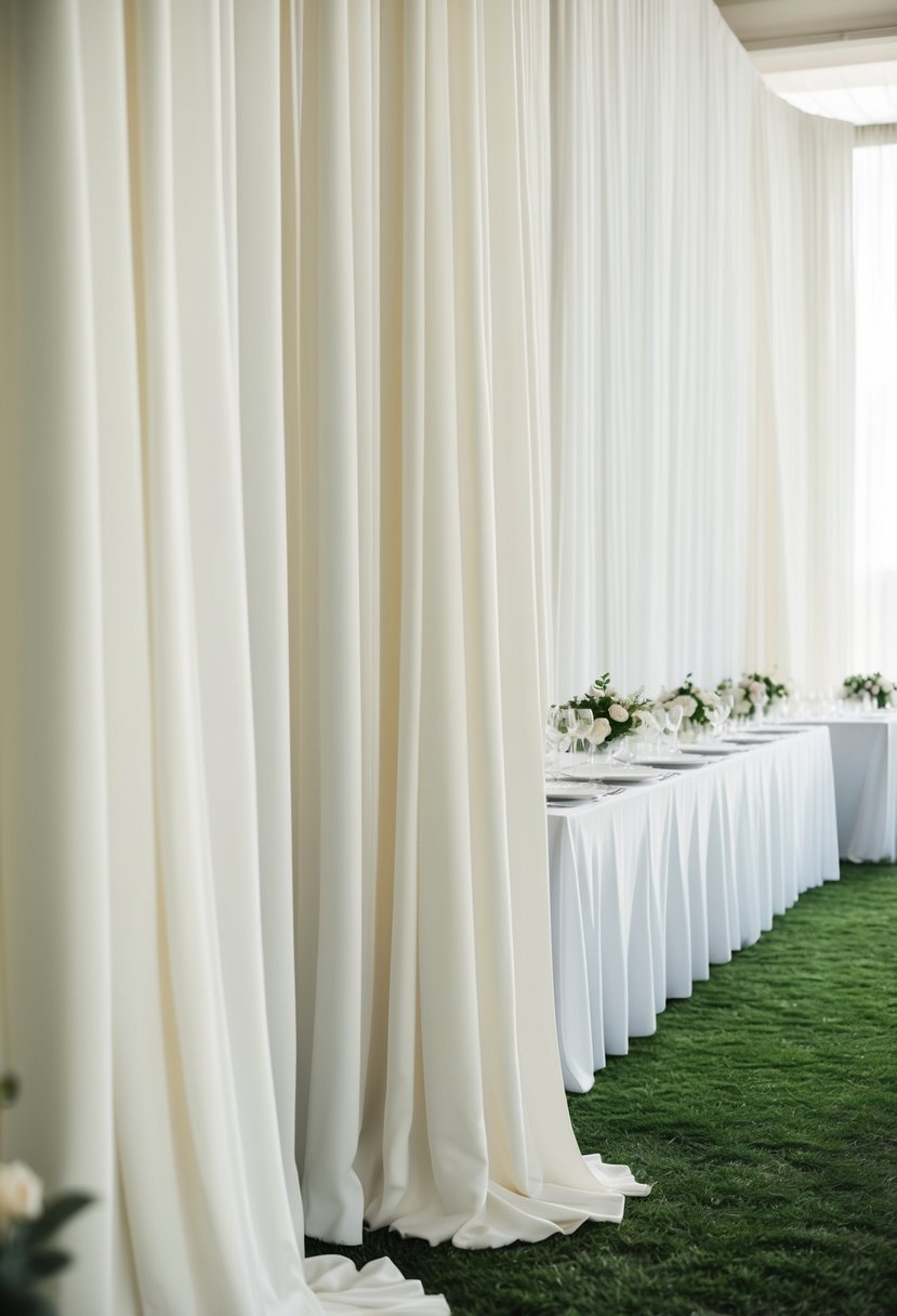 Cascading white drapes create an elegant backdrop for a wedding table, with soft folds and gentle movement