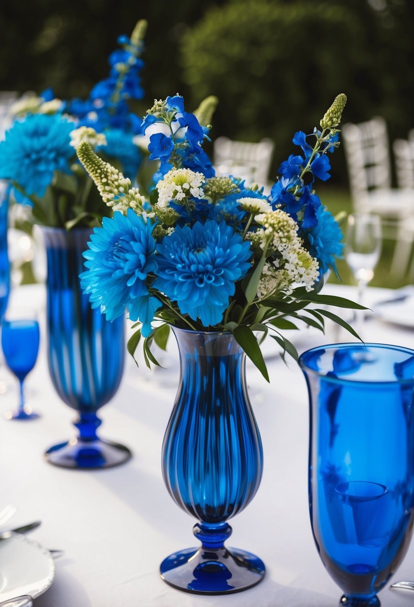 Dark blue glass vases filled with cerulean flowers adorn a wedding table