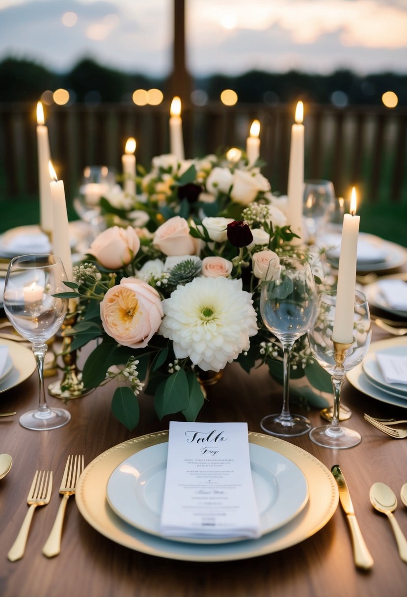 A wedding table set with gold cutlery, adorned with elegant floral centerpieces and flickering candlelight