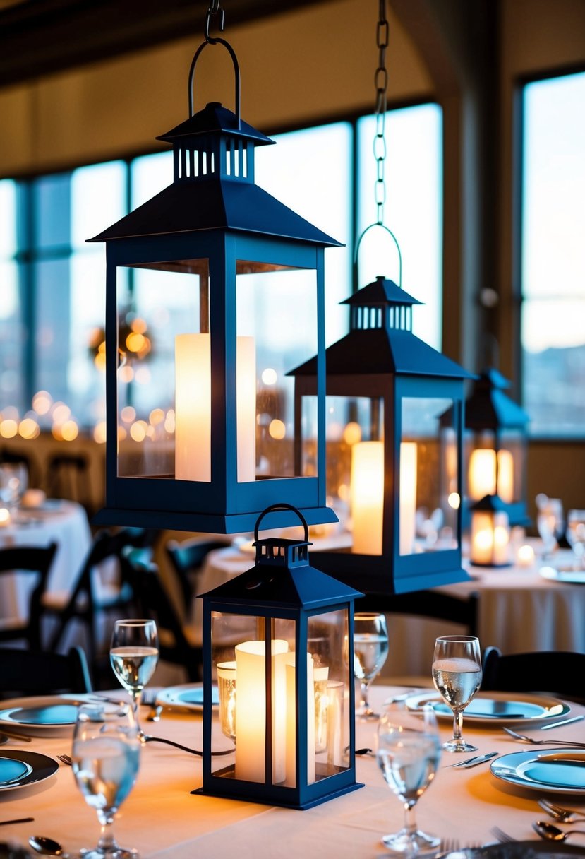 Dark blue lanterns illuminate industrial-style wedding tables